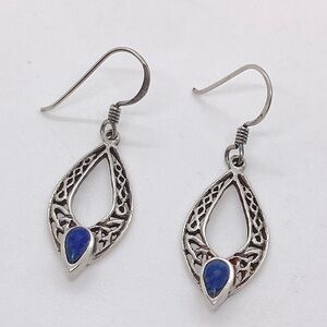 Vtg Sterling Silver Lapis Celtic Knot Shepherds Hook Post Dangle Earrings | 1.5”